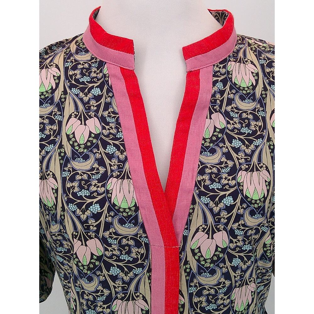 Women's Floral Print Midi Dress Sz M Voy Puff Sleeve Boho Chic Navy Pink Casual - Picture 3 of 11